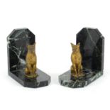 Pair of French Art Deco marble and dog design bookends, each 13cm high : For Further Condition