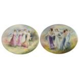 Two Royal Doulton oval porcelain plaques each decorated with four maidens in a landscape, each