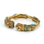 Tibetan gilt metal dragon bangle set with turquoise and coral, 8cm wide : For Further Condition