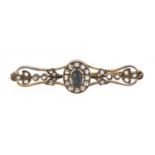 Victorian unmarked gold green stone and diamond bar brooch, 5.7cm in length, approximate weight 8.
