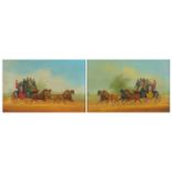 Figures and stagecoaches, pair of oil on boards, each bearing a signature Rowland, framed, each 26.