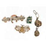 Silver jewellery including a Victorian best wishes brooch, enamel house charm and nugget pendant,
