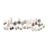 Fifteen pairs of silver and white metal earrings, some set with semi precious stones, approximate