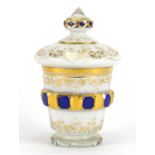 Antique Biedermeier white overlaid glass bomboniere and cover gilded with foliage, 19cm high : For