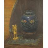 Jean Ballantyne - Still life, Chinese vase on stand and okimono, signed oil on canvas, framed,