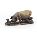 Good Chinese soapstone carving of a pig with six piglets, 23.5cm wide : For Further Condition