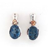 Pair of 9ct white gold blue stone and diamond earrings, set with diamonds and semi precious