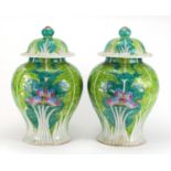 Pair of Chinese porcelain baluster vase and covers, hand painted with cabbage and leaves,