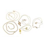 Five 9ct gold necklaces and two gold coloured metal pendants, approximate weight 9.9g : For