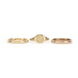Three 9ct gold rings including two wedding bands, approximate weight 6.6g : For Further Condition