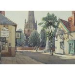 Frank Brown - The White Cat before a cathedral, watercolour, mounted and framed, 34.5cm x 25cm : For