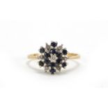 9ct gold diamond and sapphire three tier cluster ring, size P, approximate weight 2.5g : For Further