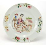 Chinese porcelain plate finely hand painted in the famille rose palette with a mother and three