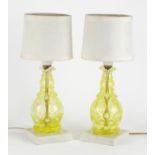 Pair of Fenton Vaseline glass lamp bases with shades, each 34cm high : For Further Condition Reports