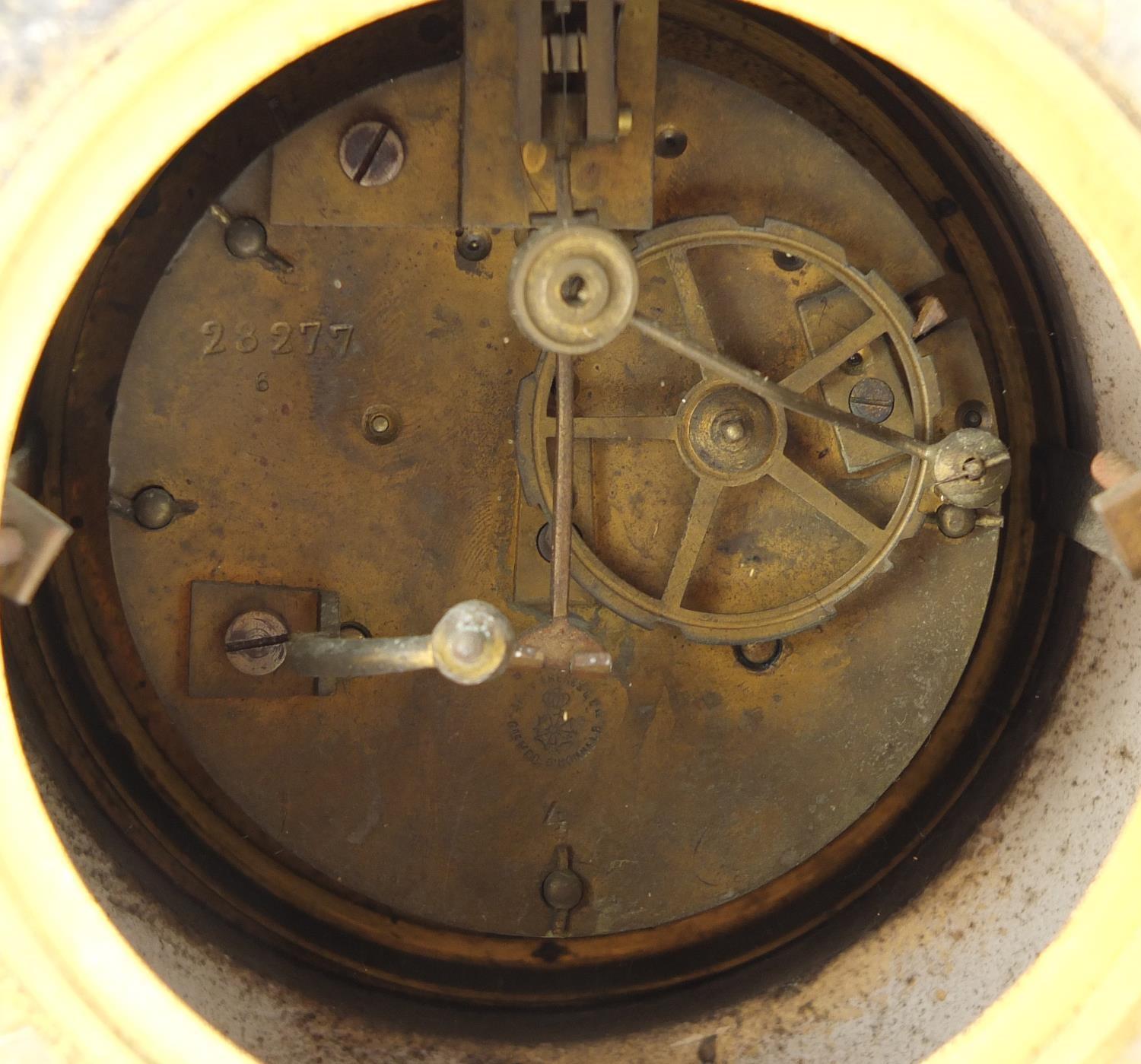 French Art Deco marble mantle clock with bronzed grape design mounts, the enamelled dial with Arabic - Image 4 of 5