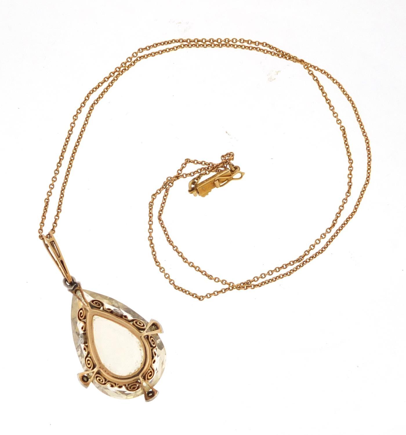 Unmarked gold citrine and diamond tear drop pendant on an unmarked gold necklace, the pendant 4. - Image 3 of 3