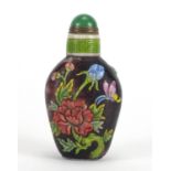 Chinese Peking cameo glass snuff bottle with jade stopper, decorated with a crane in a landscape and