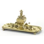 Gilt brass dragon design desk stand with inkwell and glass liner, 33.5cm wide : For Further