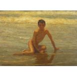 William A Cuthbertson - Young boy on the beach, oil on canvas board, framed, 33.5cm x 24.5cm : For