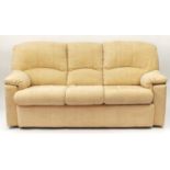 Beige upholstered three seater settee, 210cm wide : For Further Condition Reports and Live Bidding