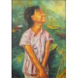 Portrait of an Asian child standing by a river, South East Asian school oil on canvas, bearing