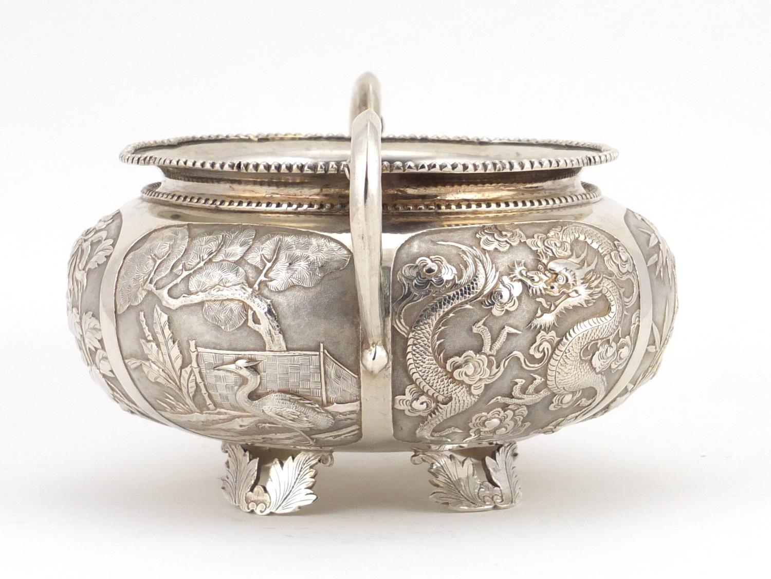 Chinese silver twin handled bowl embossed with dragons, birds, insects and flowers, impressed W A to - Image 4 of 7