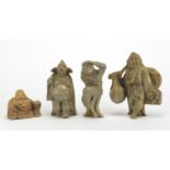 Four Chinese soapstone carvings including a monkey and Buddha, the largest 16cm high : For Further