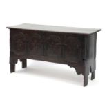 Oak plank chest with Arcadian and Fleur de Lis carved panel front, 65cm H x 121cm W x 43cm D : For