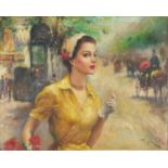 Female in a street, French impressionist oil on canvas, bearing an indistinct signature possibly