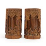 Pair of Chinese bamboo brush pots, carved with figures, each 20cm high : For Further Condition