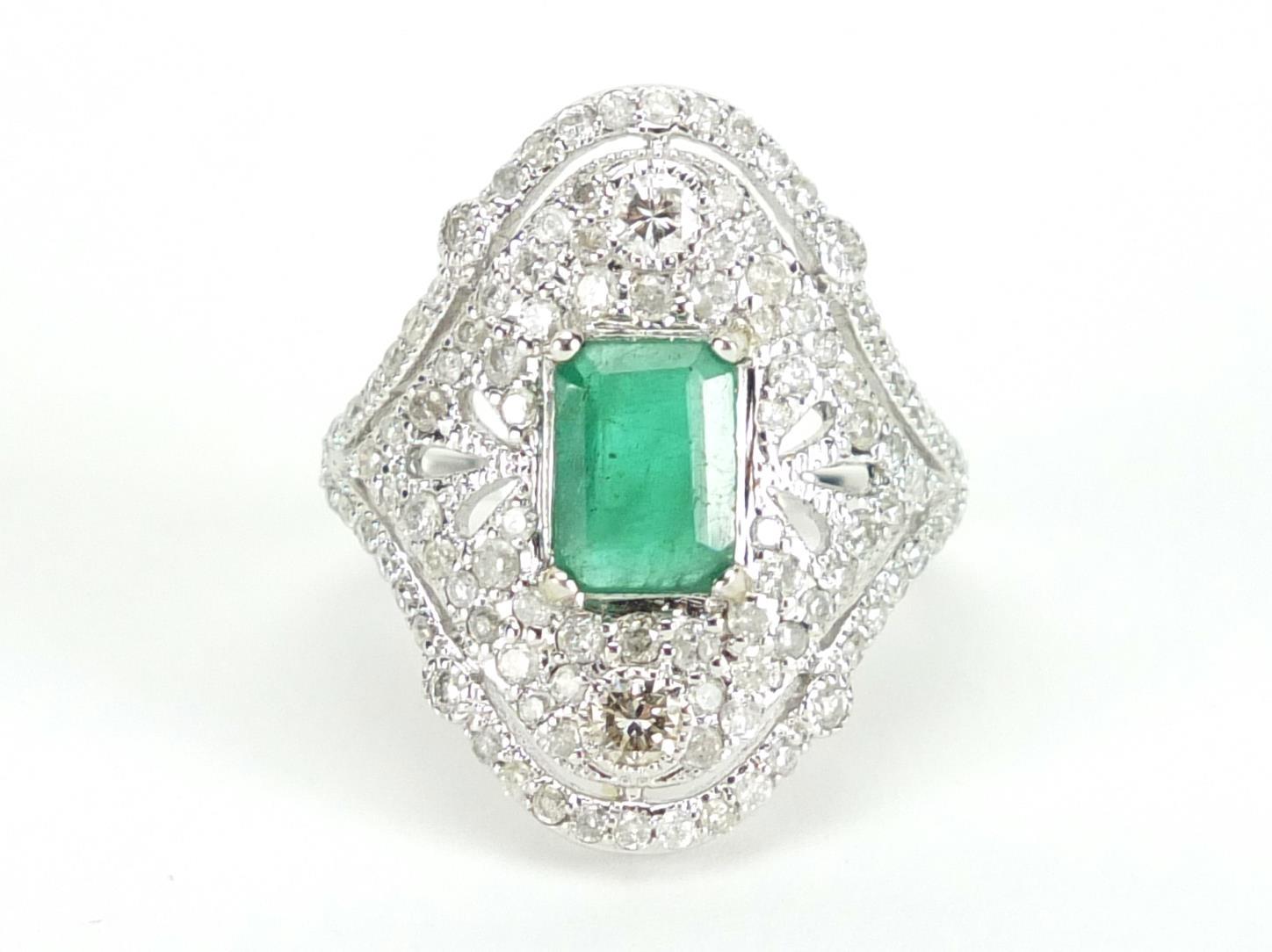 18ct white gold emerald and diamond ring, size J, approximate weight 4.3g : For Further Condition