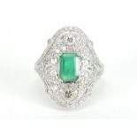 18ct white gold emerald and diamond ring, size J, approximate weight 4.3g : For Further Condition