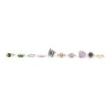 Ten silver semi precious stone rings one set with diamonds, various sizes, approximate weight 32.