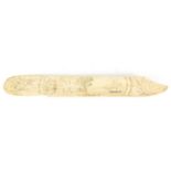 Antique Scrimshaw ivory letter opener, decorated with a building beside water and a rigged ship,