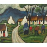 Figures and buildings before mountains, Irish school oil on board, bearing a signature Markey,