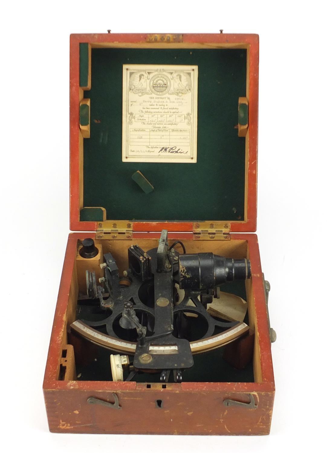 Henry Hughes & Son sextant, housed in a mahogany case, numbered 49624, 23cm wide : For Further - Image 6 of 9