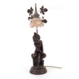 Art Nouveau style bronzed nude boy lamp with pink frilled glass shade, 56cm high : For Further