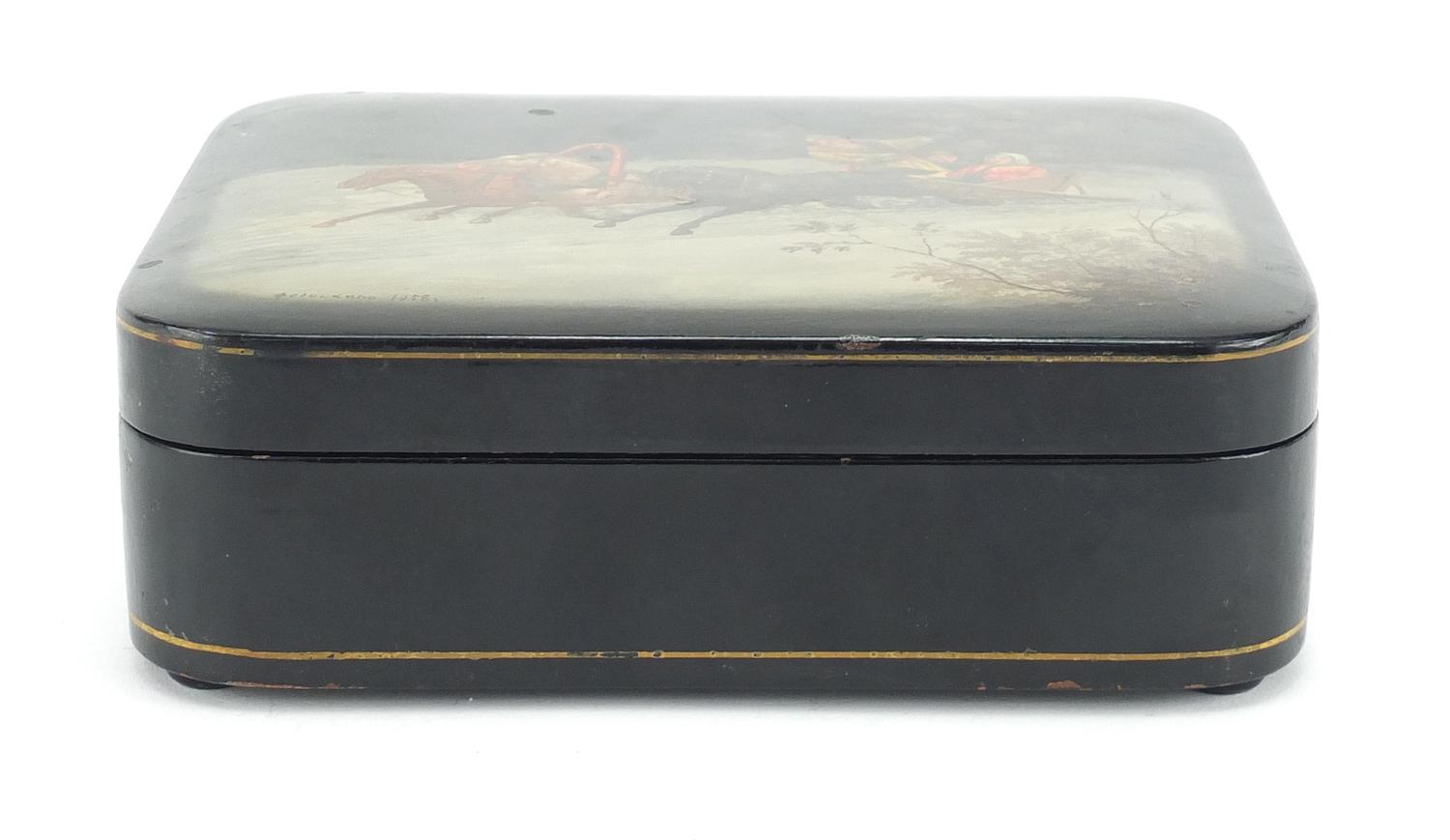 Russian black lacquered box by Fedoskino, the hinged lid hand painted with figures in a sleigh, - Image 4 of 7