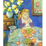 Young female sitting at a dining table, gouache, bearing a signature possibly Grau Sala, framed,