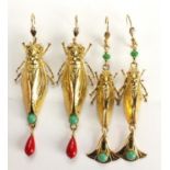 Two pairs of Egyptian Revival gilt metal locust design earrings with drops, the largest pair 9cm