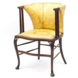 Edwardian mahogany tub chair with gold floral upholstery, 82cm high : For Further Condition