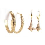 Two pairs of 9ct gold earrings, the hoops 2.5cm in diameter, approximate weight 2.9g : For Further