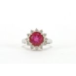 9ct white gold pink and clear stone flower head ring, size N, approximate weight 4.8g : For