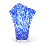 Large glass handkerchief vase with blue splatted decoration, 34cm high : For Further Condition
