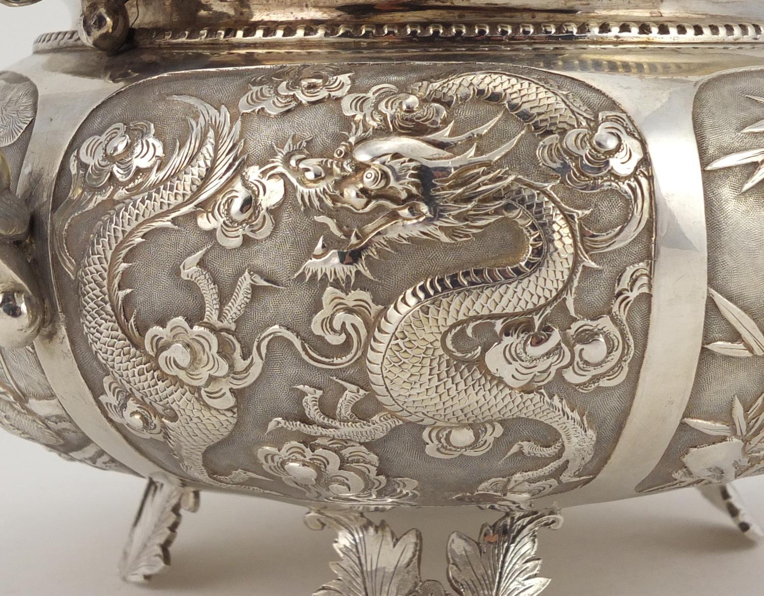 Chinese silver twin handled bowl embossed with dragons, birds, insects and flowers, impressed W A to - Image 6 of 7