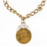 George V 1911 gold sovereign mounted on a 9ct gold bracelet, approximate weight 23.7g : For