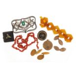 Antique and later jewellery including a Bakelite amber bracelet, piqué work brooch, large unmarked