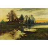 William Langley - Lake before shepherd and buildings at sunset, 19th century oil on canvas,