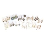 Fifteen pairs of silver and white metal earrings, some set with semi precious stones, approximate