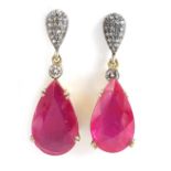 Pair of 14ct gold ruby and diamond tear drop earrings, 3.5cm in length, approximate weight 7.5g :